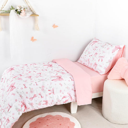 Set 4 Set, Toddler Bedding for Girls Pieces Pink Rose, Soft Breathable Toddler Comforter Bow Flower Print, Includes