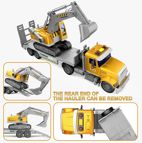 DOWELLIN 22" Transports Trucks Kids Toys, Large Semi Truck Toy Carrier and Excavator Truck with Sound&Light,Friction