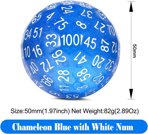 D100 Dice Glitter Blue DNDND 100 Sided Die with Translucent Pouch for Dungeons and Dragons (Chameleon Blue with White