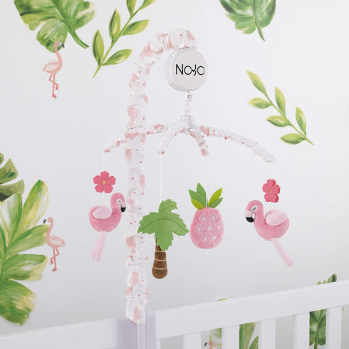 Nojo Tropical Flamingo Nursery Crib Musical Mobile With Plush Pink Flamingos, Flowers, Palm Tree & Pineapple, Pink