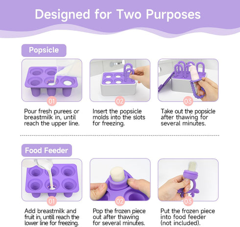 MORLIKE Baby Popsicle Molds Set, BPA Free Silicone Ice Pop Molds for Homemade Breastmilk Popsicles (Purple)