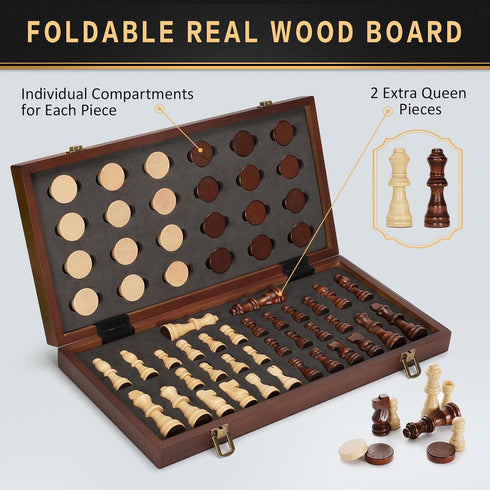2 1 Set, 15" 2 Sets Set in Magnetic Wooden Chess and Checkers Board Game Folding Chess Boards with Extra Queens