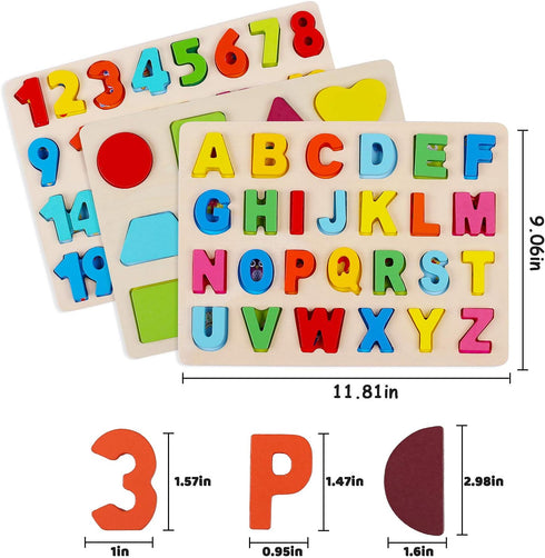 Kesletney Wooden Puzzles for Toddlers, Alphabet Number Shape Learning Toys for Kids, 3 in 1 Montessori