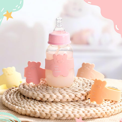 LemonRoad 12 Pcs Bottle Labels Daycare Reusable, Bear Pattern Waterproof Silicone Baby Bottle Labels Sippy Cup Bands