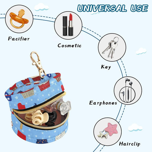 PYBUG Independence Day Dessert Round Pacifier Storage Case, Polyester & TPU Lined with Hook Buckle, Pacifier Container