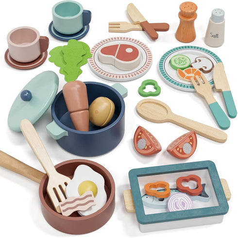 Lehoo Castle Wooden Play Kitchen Accessories, Play Pots and Pans Sets for