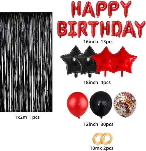 Red Black Birthday Party Decoration Kit - Happy Birthday Banner, Latex Balloons, Fringed Curtain, Confetti