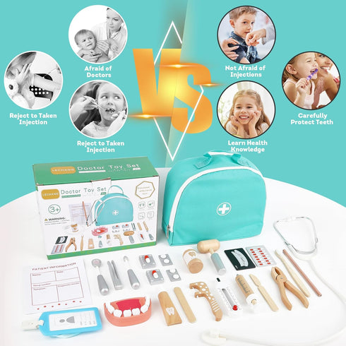Set, 25Pcs 3-8 Doctor Kit for Kids, Dentist Pretend Play Educational Doctor Toy Wooden Medical Kit with Stethoscope