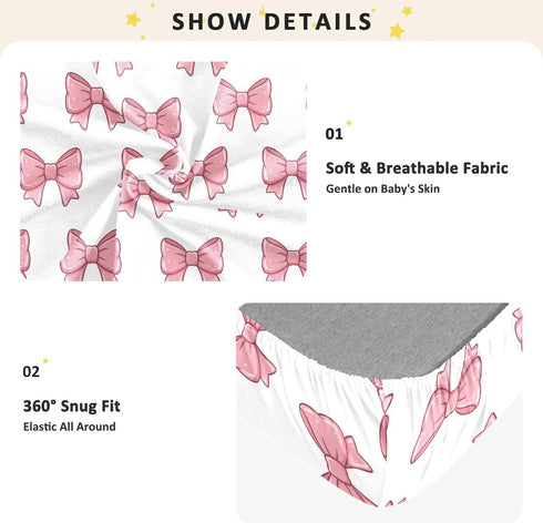 CZXW 52" 28" Pink Bows Crib Sheets Fitted x Natural Cotton Soft & Breathable for Baby Crib Mattress