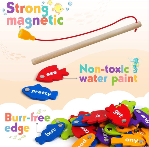 SpringFlower Wooden Magnetic Sight Word Fishing Game - Educational Toy for 3-6 Year Old Kids, Boys & Girls, Homeschool