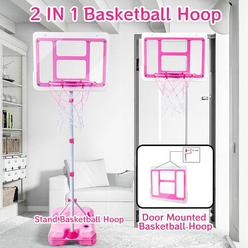 Kids Basketball Hoop with Stand, Adjustable Height 3.5FT-6.2FT, Indoor Outdoor Toys for Girls Age 3-8 (Pink)
