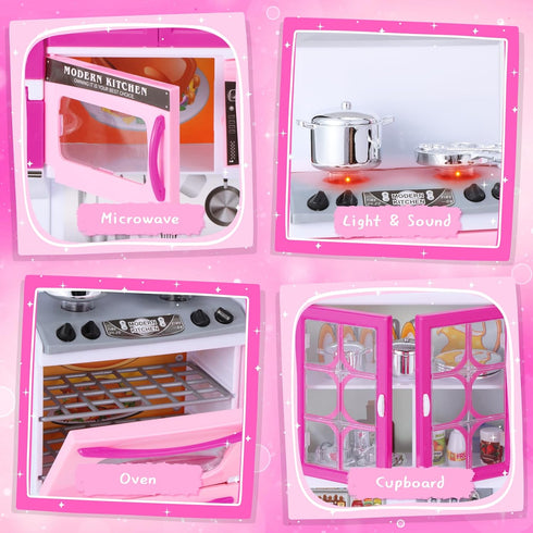 Mastom Playset 56PCS 3 4 5 6 Kitchen for Girls, Play Kitchen Toys for Dolls with Realistic Lights & Sounds, Kids