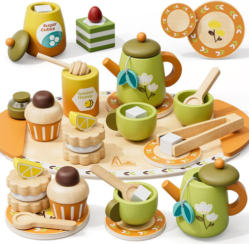 Sets 3-5, Set Wooden Tea for Toddlers Pretend Play Tea Party for Girls & Boys, Kids Birthday Gift