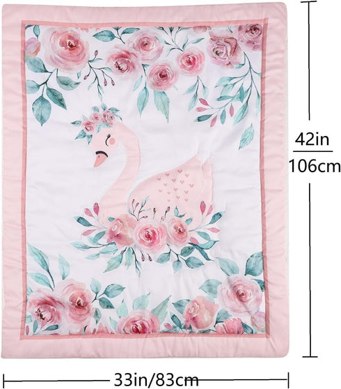 Whimsical Pink Swan Baby Quilt with Watercolor Roses and Satin Trim