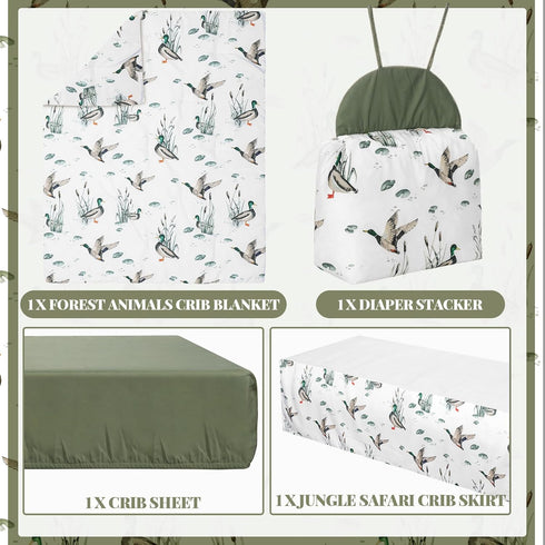 4 Set Oudain Piece Mallard Duck Crib Bedding Including Mallard Duck Crib Skirt, Blanket, Crib Sheet and Diaper Stacker