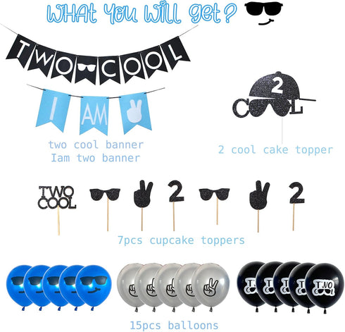 Two Cool Birthday Party Decorations - I AM TWO Banner, Balloons, Cake Topper for Little Man's 2nd Birthday