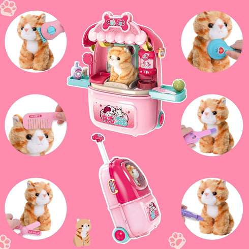 MAGIC4U 29PCS Set, 3-12 Pet Cat Care Carrier Suitcase Toy, Vet Clinic and Doctor Kit for Kids, Pet Kitty Grooming