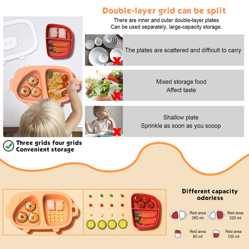 Kids Divided Plate, 3 PCS (Plate with Lid and Inner Dish), Toddler Dishes Tableware, Dishwasher-Safe Baby Feeding