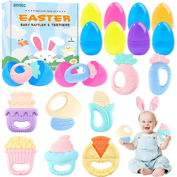 DIYDEC 8PCS Prefilled with Easter Eggs Teething Toys, Baby Rattles Teether Toys