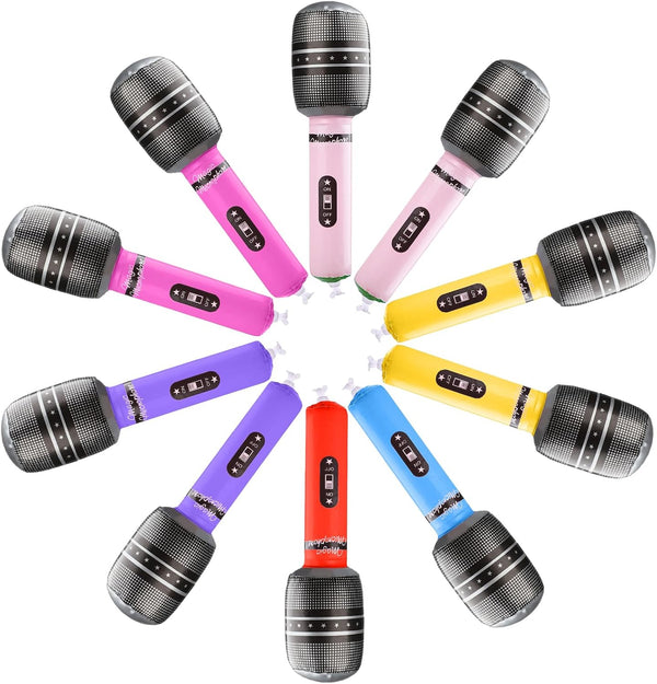 10 PCS Inflatable Microphones, Blow up Microphone Toy Assorted Colors for 80s 90s Musical Party Favors