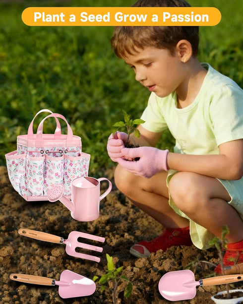 Set 8 Kids Gardening Tool Toys - Pieces Quality Garden Kit for Toddlers & Kids with Shovels, Rake, Watering Can, Hat