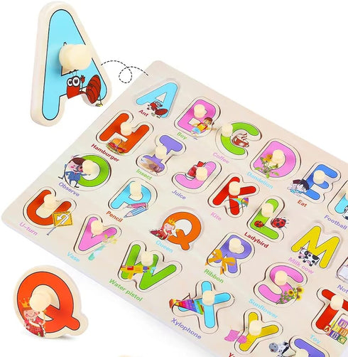 GRINNNIE Wooden Montessori Toddler Puzzles, 3 Pcs Number, Letter, Shape Educational Peg Puzzle Set