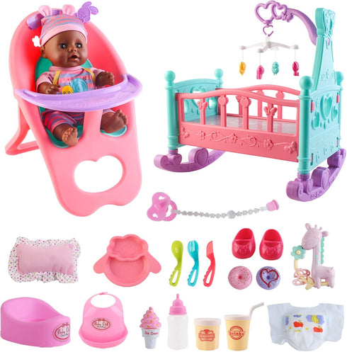 deAO Black Baby Doll Set - Mobile, High Chair, Stroller & Feeding