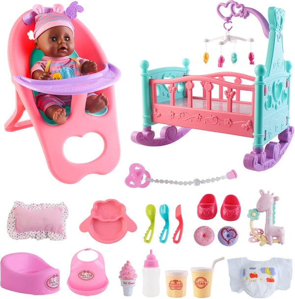deAO Black Baby Doll Set - Mobile, High Chair, Stroller & Feeding