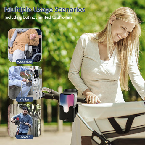 360Rotatable Universal Stroller Cup Holder with Phone Holder, Bottle Holder with Strong Clip, Accessories for Stroller