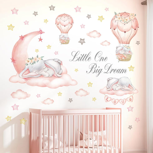 DECOWALL Dream Big Little One Wall Decals Elephant Moon and Stars Nursery