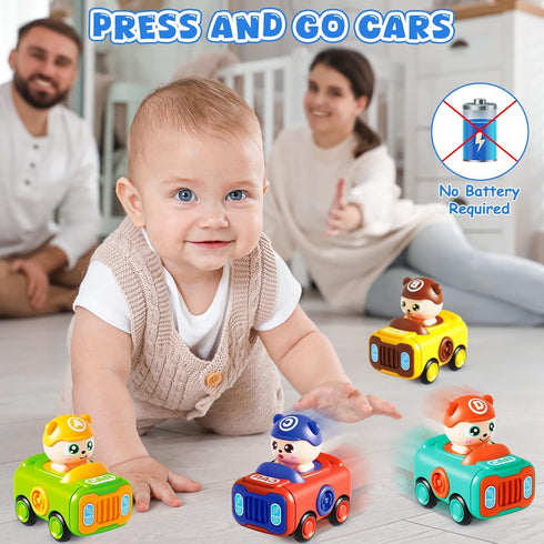 1-3, 4PCS Set 12-18 1st 1-2 Keamaidy Baby Car Toys for Toddler Press to Go Push Car, Infant Play Whistle Vehicle Toy