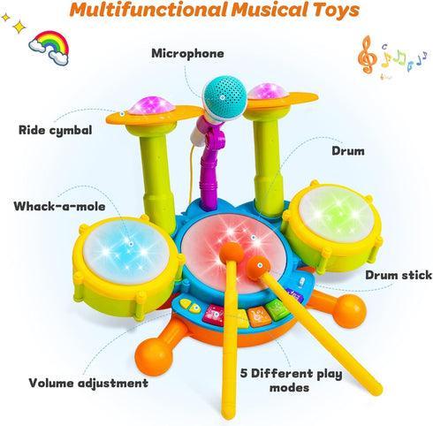 Kids Drum Set for Toddlers 1-3, Musical Baby Toys for 1 Year Old Boy, Learning Toys with Microphone and Light