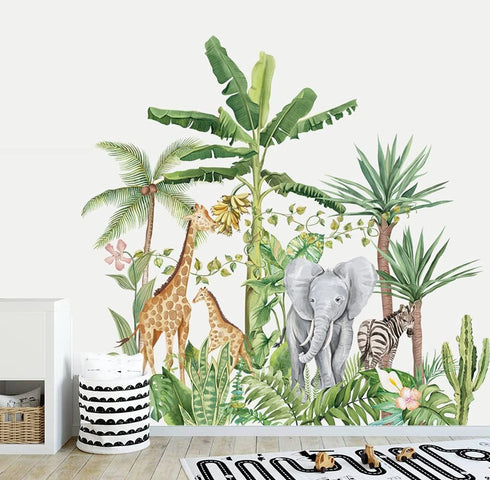 Runtoo Tropical Jungle Animal Wall Decals, Giraffe Elephant Plants Wall Stickers for Kids Room Bedroom Wall Decor