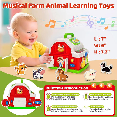 1 2 3 set 12-18 Montessori Toys for Year Old Boys Girls, Musical Barn Farm Animal for Toddler, Shape Sorting