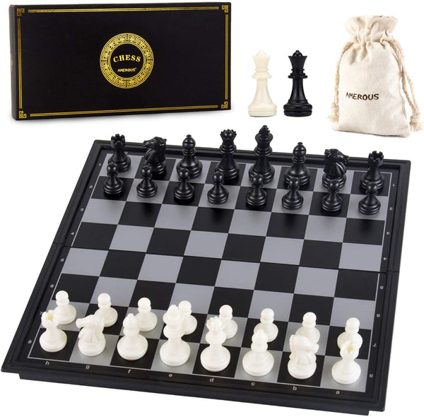 AMEROUS 10 Inches Magnetic Travel Chess Set with Folding Board, 2 Extra Queens, Storage Bag, Instructions for Kids and