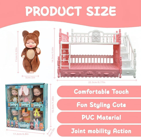 SwankyStyle 6 Pcs Adorable Mini Baby Dolls with Cute Animal Outfits & bunk Bed , Realistic Mini Babies & Dolls