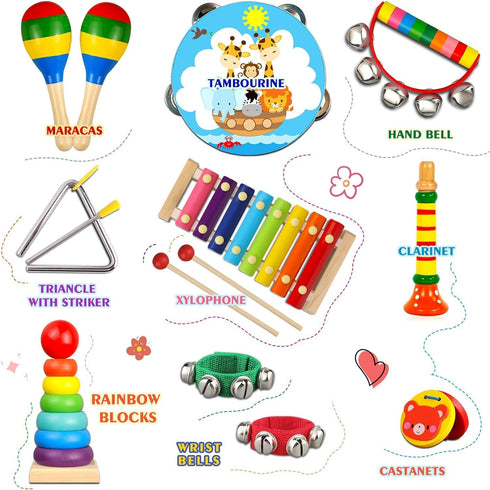 LOOIKOOS Wooden Toddler Musical Instruments Set, Educational Percussion Toys for Baby Kids with Carrying Bag