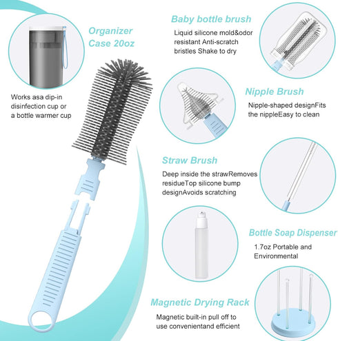 Travel Baby Bottle Brush Set with Bottle Cleaner Brush Set and Drying Rack,Gift for newborn mothers, Suitable for travel and Home(Blue) by WHNL