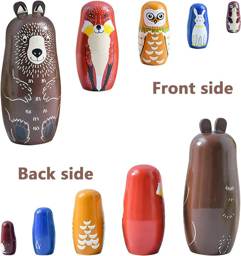Conzy Russian Nesting Dolls for Kids, Stacking Wooden Handmade Matryoshka Dolls, 5 Piece Cute Cartoon Animal Pattern