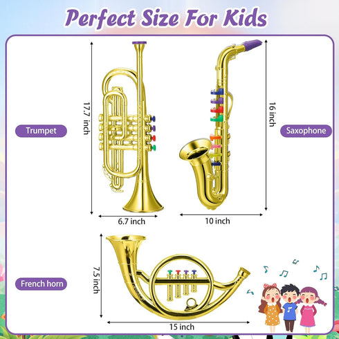 Treela Set of 3 Musical Instruments - Saxophone, Trumpet, and Horn for Beginners with Colorful Keys for Boys & Girls