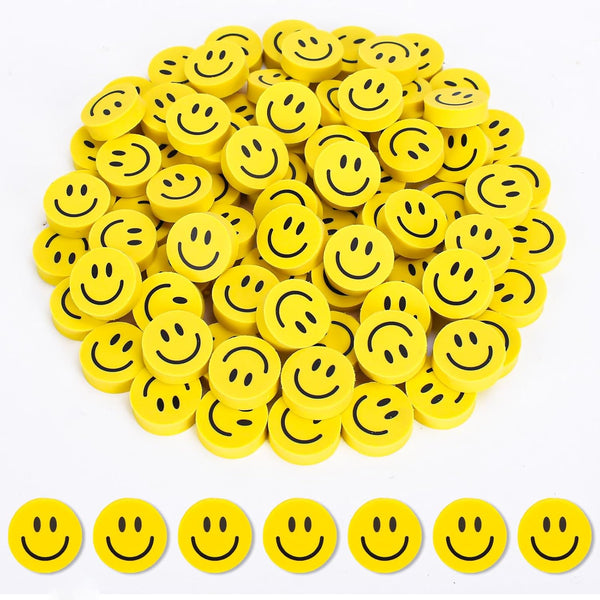 Whaline 80Pcs Smile Mini Bulk Erasers, Welcome Back to School Yellow Round Happy Face Collection for Classroom Rewards