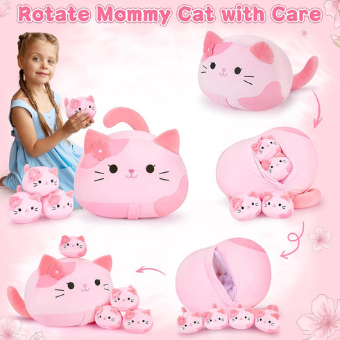 5 Family-19" Mommy 4 PCS Pink Sakura Cat Plush Stuffed Animal Soft Pink Sakura Cat Plush, Large Plushies with Baby