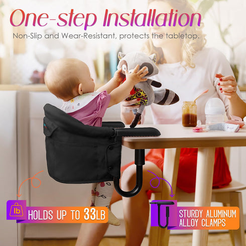 6-36 Hook on High Chair,Portable Foldable High Chair for Babies Months, Includes Storage Bag (Black)