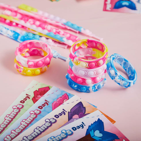 28 Packs JOYIN Valentine's Day Gift Cards with Pop Fidget Bracelet, Pop Bubble Fidget Toy, Bracelet Wristband Stress