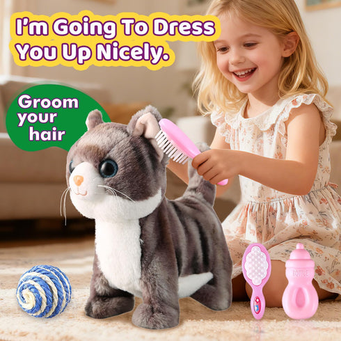 HCdoujoy Set Grey Robotic Cat Toy for Kids Remote Control Walking Kitten for Girls with Leash Electronic Pet That Meow