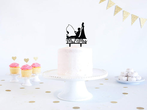 YzYbuaego Black Fishing Wedding Cake Topper, Mr & Mrs, Fishing Theme for Wedding/Engagement/Bridal Shower