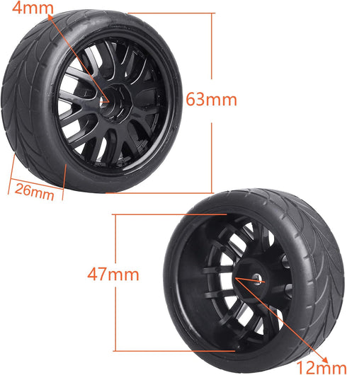 RC On Road Touring Tires and Wheels Pre-Glued for 1/18 Traxxas Latrax Teton 1/10 4-Tec 2.0 3.0 Tamiya TT02 TT01, Set of 4