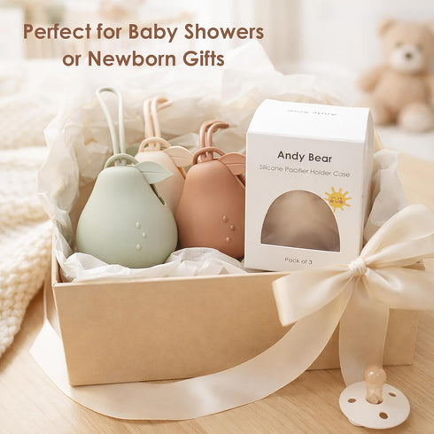 Set 3-Ivory, Andy Bear Silicone Pacifier Holder Case, Baby Paci Storage Case Silicone, Portable Leakproof One-Piece
