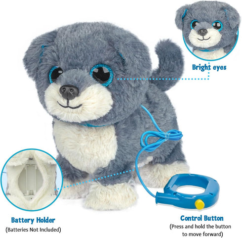 3+ YH YUHUNG Interactive Walking Dog Toy with Leash, Grey Puppy with Blue Ears, Electronic Barking & Tail Wagging Robot