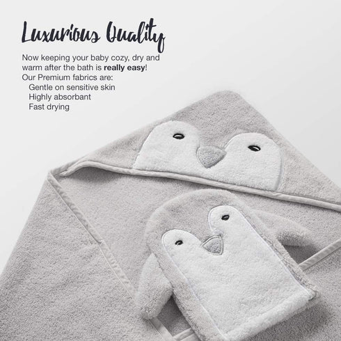 Happy & Sweet Set Baby Gift - Bamboo Viscose Hooded Penguin Bath Towel, Mitt Washcloth, and Squirt Bath Toy for Boys